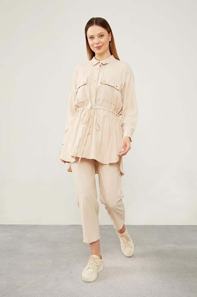 Ariana Beli Büzgülü Pantolonlu Spor Takım Bej