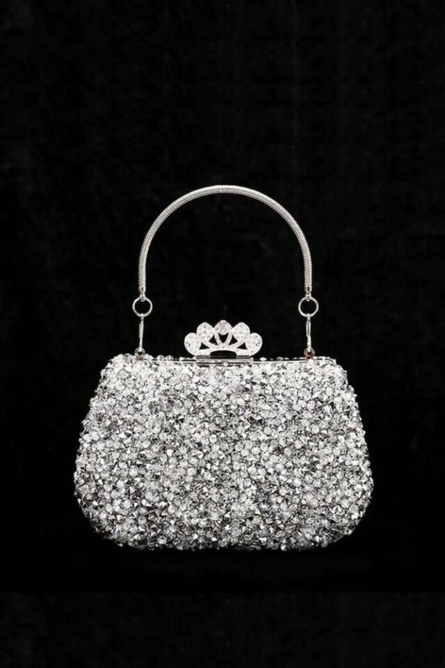 Jade Platin Taç Tasarım Taşlı Abiye El Çantası