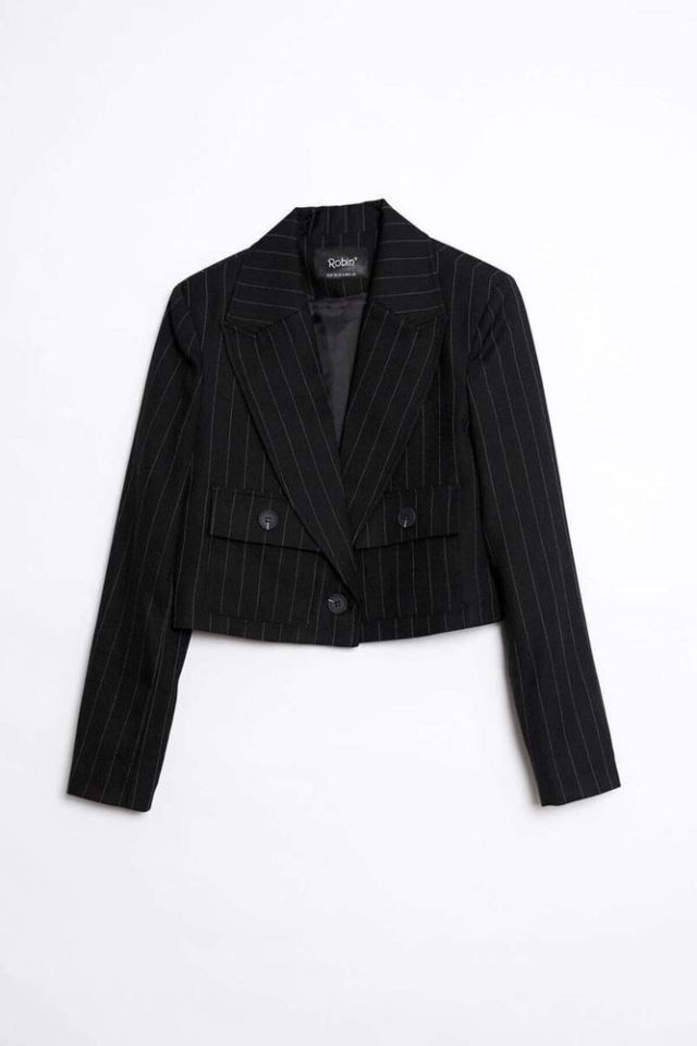 Gwen Çizgili Crop Ceket Siyah