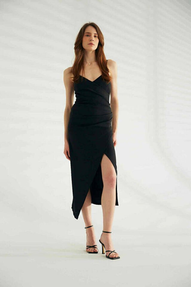 Catherine Vücuda Oturan Drapeli Elbise Siyah