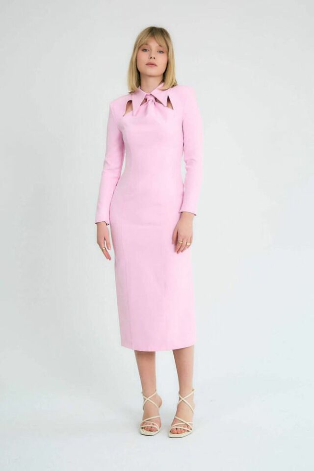 Khloe Kravat Detaylı Fit Elbise Pembe