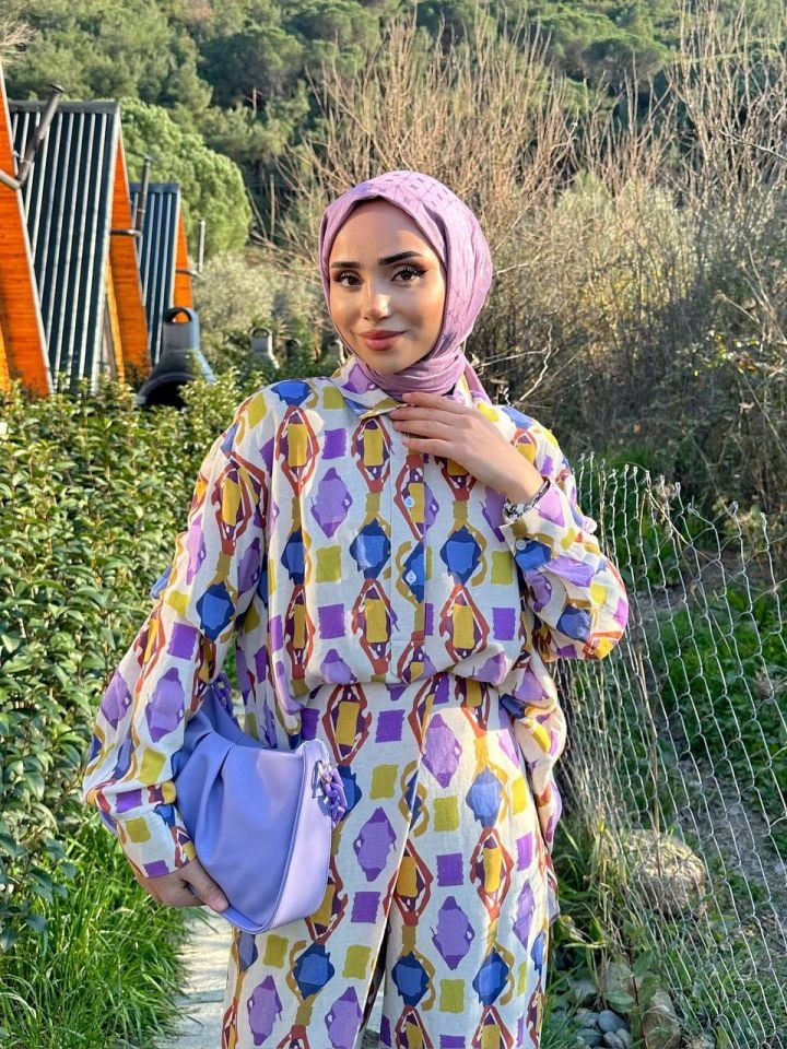 Elena Geometrik Desen Gömlek Yaka Pantolonlu Takım