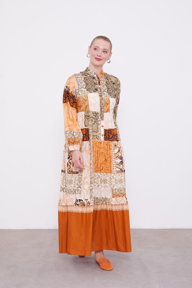 Kiremit Etnik Desen Eteği Volanlı Elbise