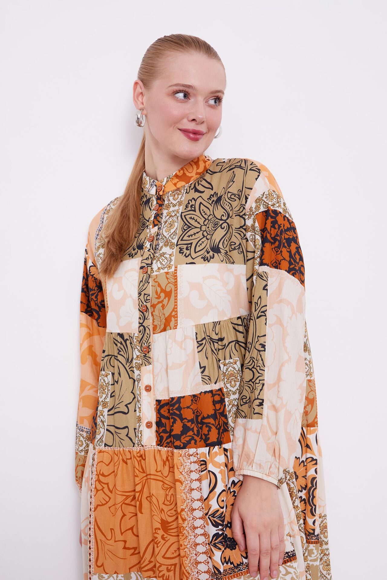 Kiremit Etnik Desen Eteği Volanlı Elbise