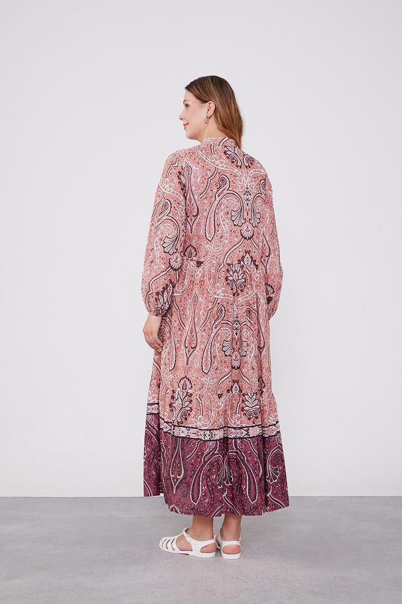 Pudra Düğme Detaylı Desenli Elbise