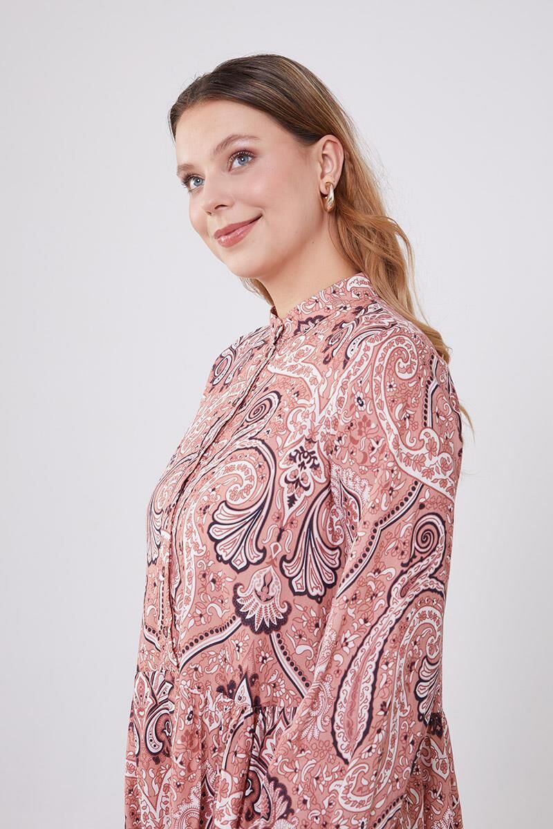 Pudra Düğme Detaylı Desenli Elbise