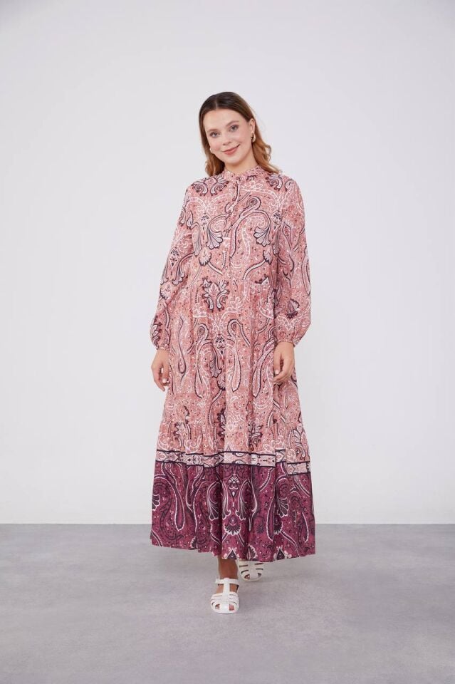 Pudra Düğme Detaylı Desenli Elbise