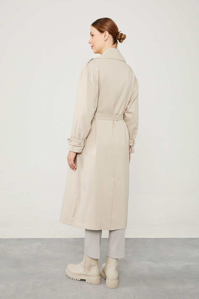 Çizgili Desen Kuşak Kapamalı Trençkot