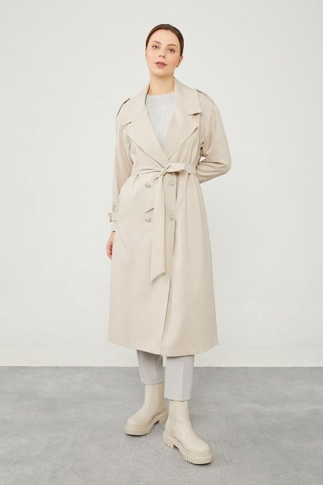 Çizgili Desen Kuşak Kapamalı Trençkot