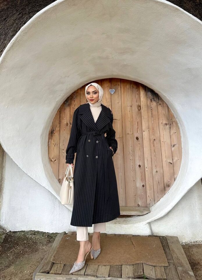 Çizgili Desen Kuşak Kapamalı Trençkot