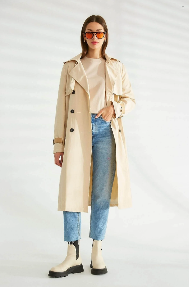 Kuşak Detaylı Cepli Trençkot Koyu Taş